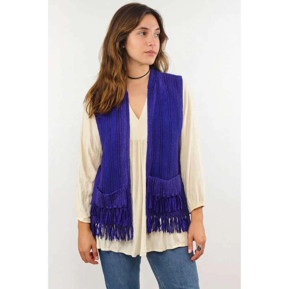 Ann‎ Buckmaster Weaves Vest Fringe Large Blue Pure New Wool Open Front Vintage